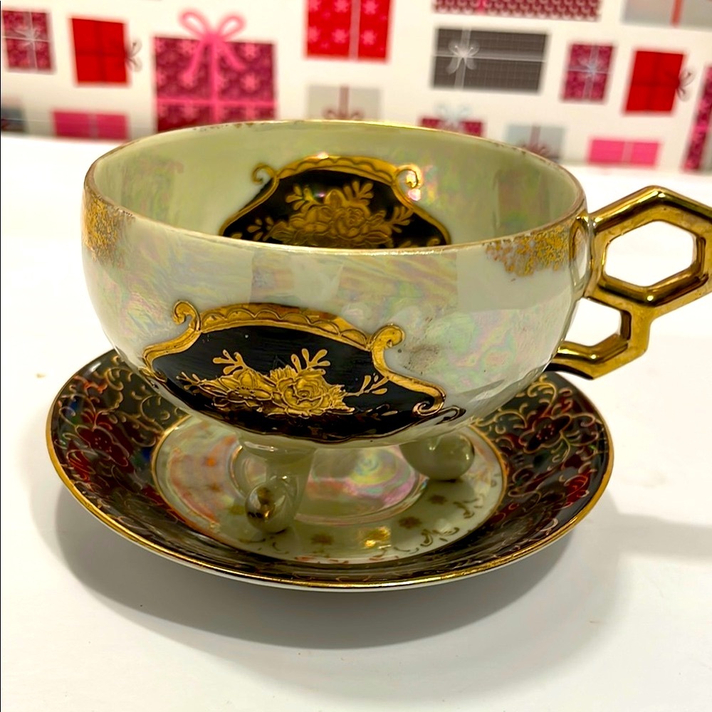 RARE Vintage Japanese Footed Iridescent LusterwaGold and Black Teacup and Saucer